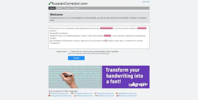Tiešsaistes pieturzīmju pārbaude: RussianCorrector.com
