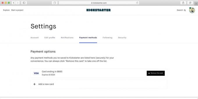 Kā pirkt Kickstarter: tad kartes parādīsies sarakstā pieejamajām maksājumu metodes