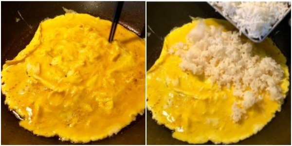 Kā pagatavot rīsi ar olu: cept olas un pievienojiet rīsus