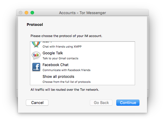 Anonymous Tor Messenger tērzēšanu