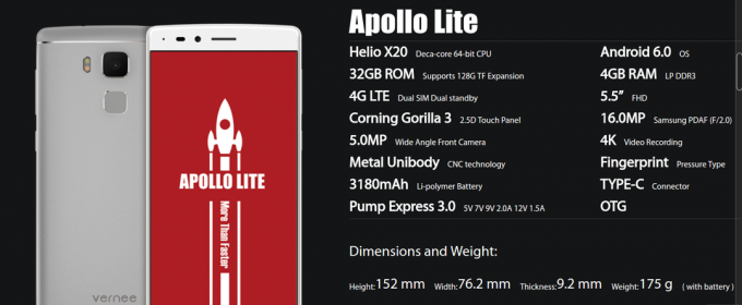 Apollo Lite: tehniskā harketeristiki