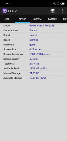 Pārskats Xiaomi redmi Piezīme 6 Pro: CPU-Z (turpinājums)