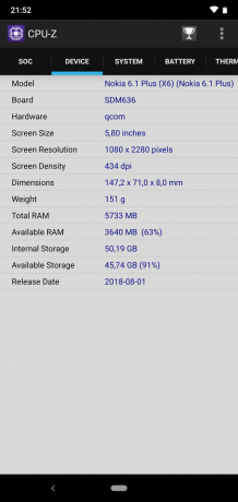 Pārskats par Nokia 6.1 Plus: CPU-Z (turpinājums)