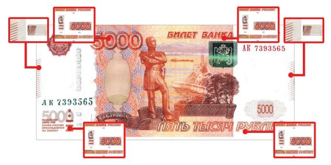 viltotas naudas: autentiskuma pierādīšanas līdzekļus, kas ir redzams uz pieskārienu, līdz 5000 rubļu