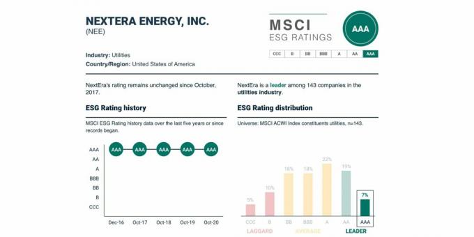 NextEra Energy ESG reitings un tā dinamika, $ NEE, 2021. gada maijs.