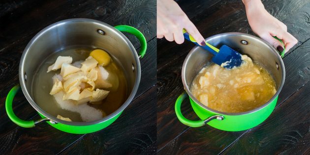 Klasiskais "Medovik" ar krējumu: sajauciet olas, sviestu, cukuru un medu
