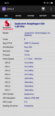 Pārskats Xiaomi redmi Piezīme 6 Pro: CPU-Z