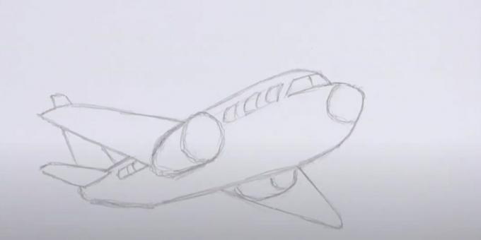 Kā uzzīmēt lidmašīnu: uzzīmējiet iluminatorus, stiklu un dzinēju