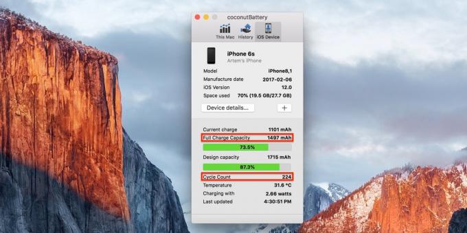 Kā pārbaudīt iPhone: Pašreizējā akumulatora jaudu un skaitu atjaunošanās cikliem šajā programmā coconutBattery