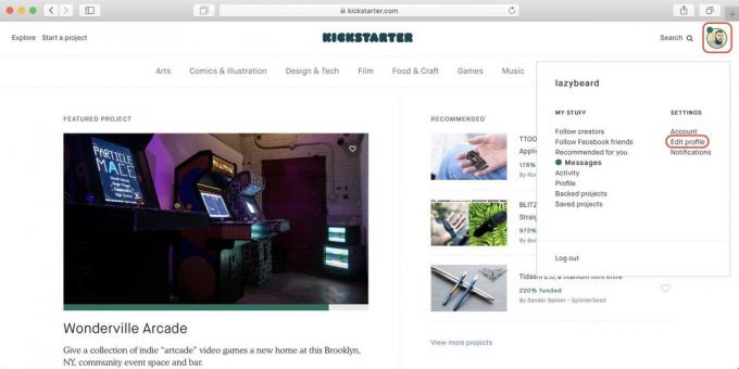 Kā pirkt Kickstarter: noklikšķiniet uz profila ikonas un pēc tam - uz Rediģēt profilu saiti