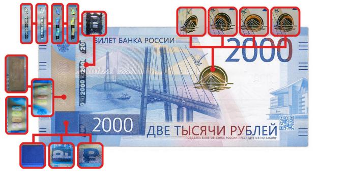 viltotas naudas: autentiskuma pierādīšanas līdzekļus, kas ir redzama, kad skata leņķis pie 2000 rubļu