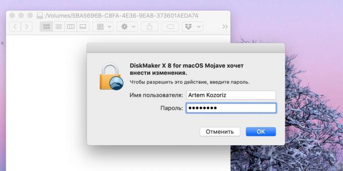 Kā veikt bootable USB zibatmiņas disku, MacOS: ievadiet administratora paroli