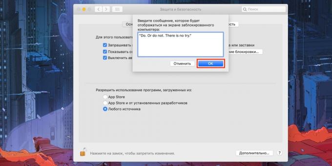 Ziņojumi par Mac Bloķēšanas ekrānā: ievadiet tekstu, ko vēlaties un apstipriniet ar "OK"