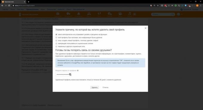 Kā izdzēst profilu Odnoklassniki: noklikšķiniet uz Dzēst