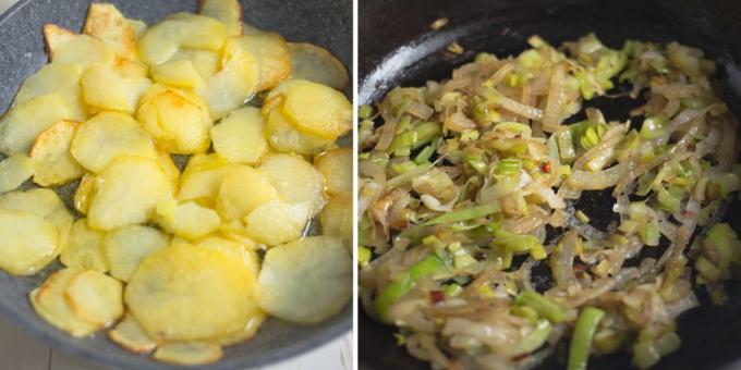 Kartupeļu omlete: Cep sīpolus un kartupeļus
