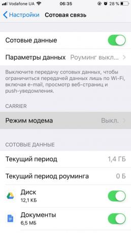 Kā sadalīt internetu no tālruņa iOS: aktivizēt "modema režīmā" ar slēdzi