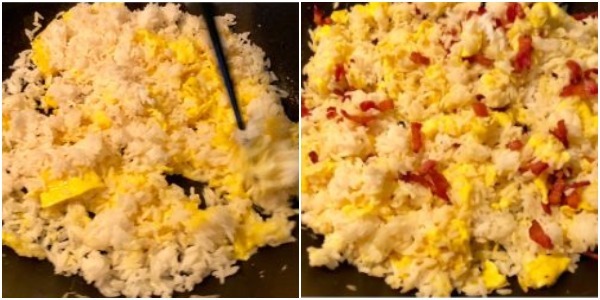 Kā gatavot rīsi ar olu: Kad rīsi sasilda, pievienojiet bekons, sāls un sojas mērci un labi samaisa