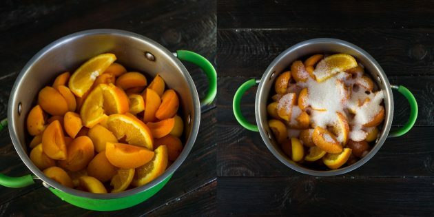 Kā pagatavot aprikožu un apelsīnu ievārījumu: augļiem pievienojiet cukuru