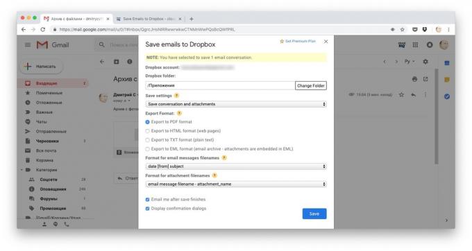 Veidi, kā lejupielādēt failus Dropbox: kopēt visu vēstuli ar pasta ziņojumus uz Dropbox