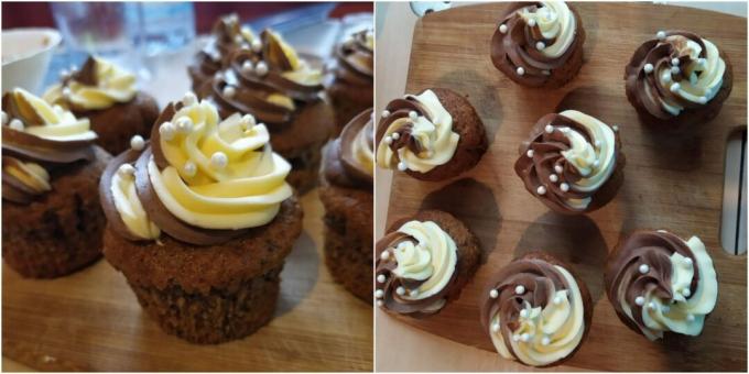 Šokolādes riekstu cupcakes ar divu toņu kondensētā piena krēmu: vienkārša recepte