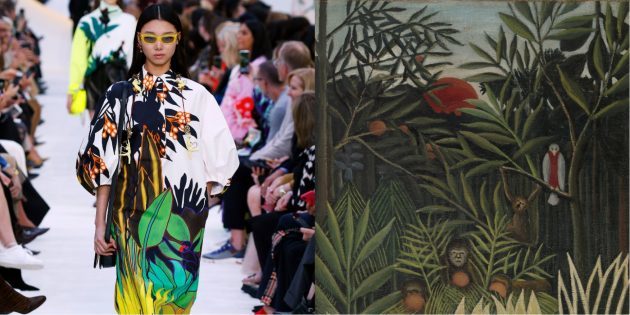 Valentino modelis un glezna Anrī Ruso "Apes un papagailis neskartā mežā"
