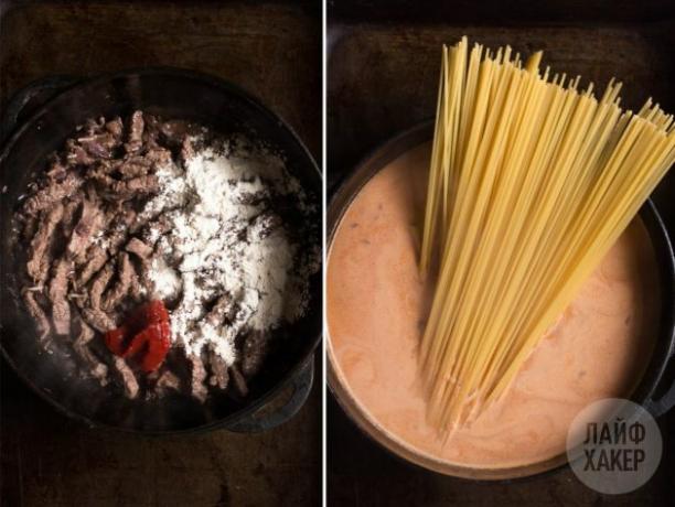 Liellopu gaļas pastas tomātu krējuma mērcē: samaisiet pannas saturu un pievienojiet spageti