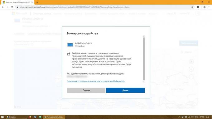 Attālā bloķēšana PC ar Windows 10: noklikšķiniet uz "Next" pogu