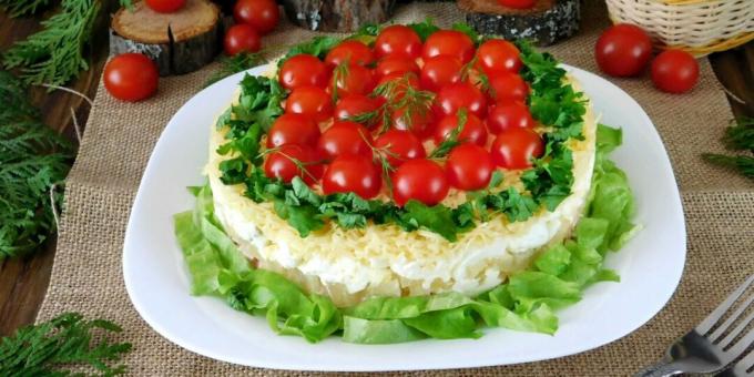 Kārtaini salāti ar kūpinātu vistu un ķiršu tomātiem
