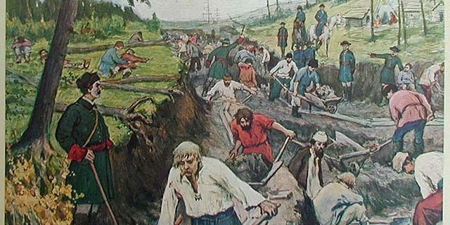 Krievijas impērijas vēsture: Ladogas kanāla izbūve, Aleksandra Moravova un Ivana Sytina zīmējums, 1910. gads. 