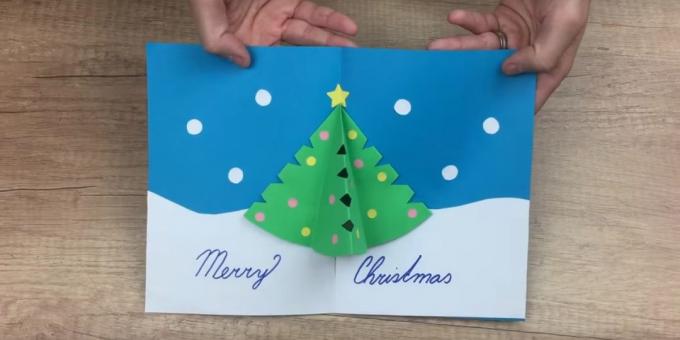 Ziemassvētku kartiņu ar savām rokām ar Ziemassvētku eglītes iekšpusē tilpuma
