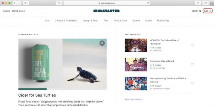 Kā pirkt Kickstarter: apmeklējiet pakalpojuma mājas lapā un noklikšķiniet uz Pierakstīties