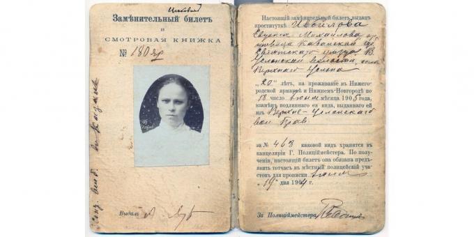 Krievijas impērijas vēsture: prostitūtas apliecība par tiesībām strādāt Ņižņijnovgorodas gadatirgū 1904.-1905.