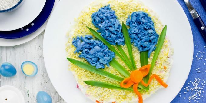 Svētku salāti "Hiacintes" ar desu un kāpostiem: vienkārša recepte