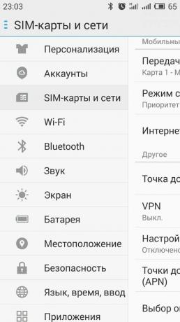 Kā sadalīt internetu ar Android viedtālrunis: atvērt «SIM karti un" sadaļu tīkla