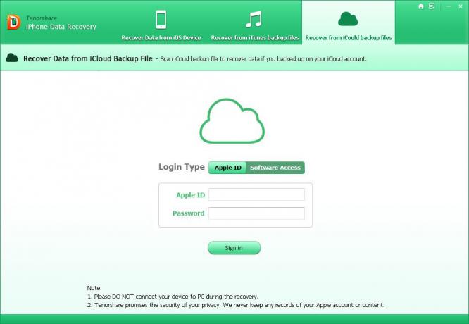 Tenorshare iPhone Data Recovery: autentifikācija izmantojot iCloud kontu