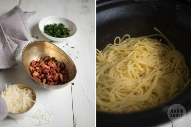 Kā pagatavot carbonara makaronus: sautējiet bekonu un vāriet spageti