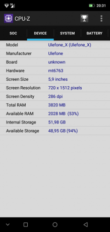 Pārskats viedtālrunis Ulefone X: CPU-Z